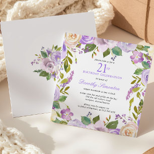 Convite de Aniversário de 21 Anos com Floral Roxa