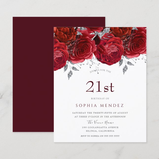 Convite de Aniversário de 21 Anos com Rosas Vermel (Frente/Verso)