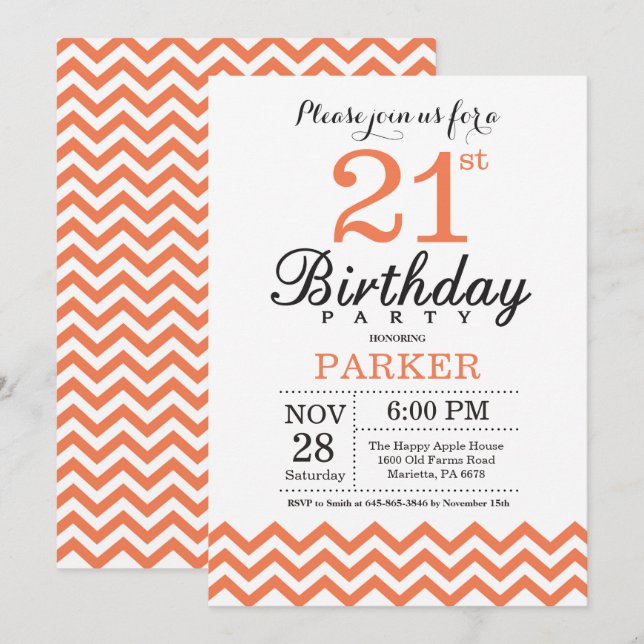 Convite de Aniversário de 21 anos Coral Chevron (Frente/Verso)