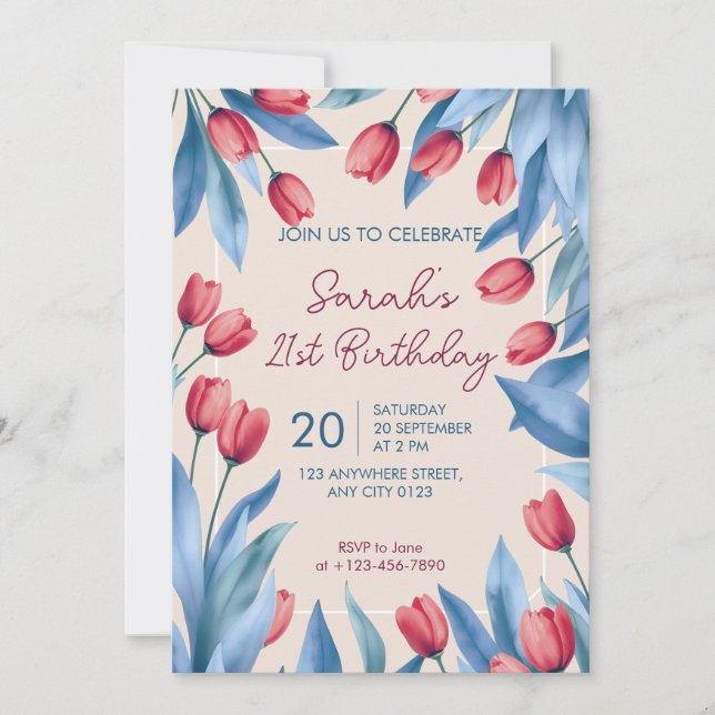 Convite de Aniversário de 21 Anos Elegante de Tuli (Frente)