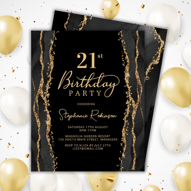 Convite de Aniversário de 21 Anos em Ágata Preta e (Criador carregado)