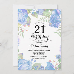 Convite de Aniversário de 21 Anos Floral Azul Botâ
