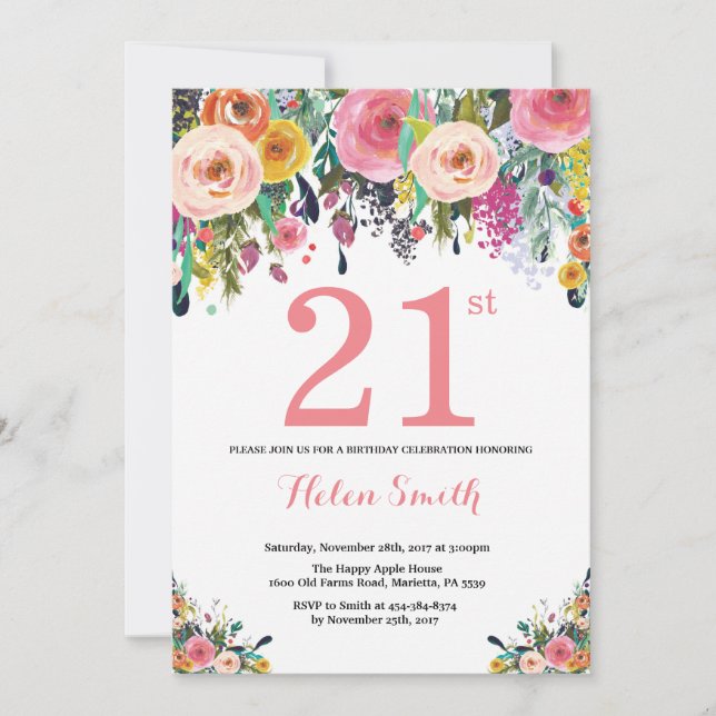 Convite de Aniversário de 21 anos Floral Rosa (Frente)