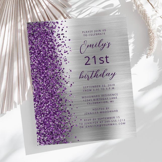 Convite de Aniversário de 21 anos Glam Purple Silv (Criador carregado)