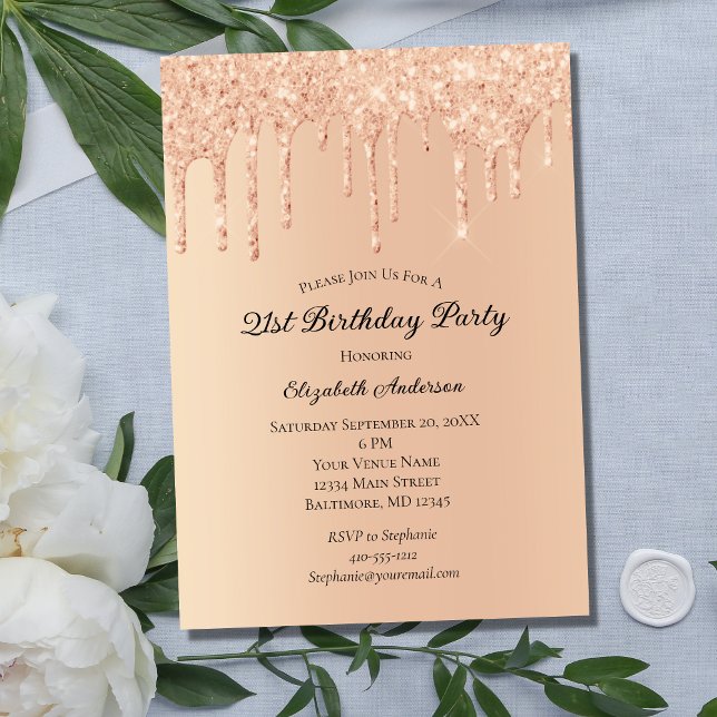 Convite de Aniversário de 21 anos Peach Glitter Dr (Criador carregado)