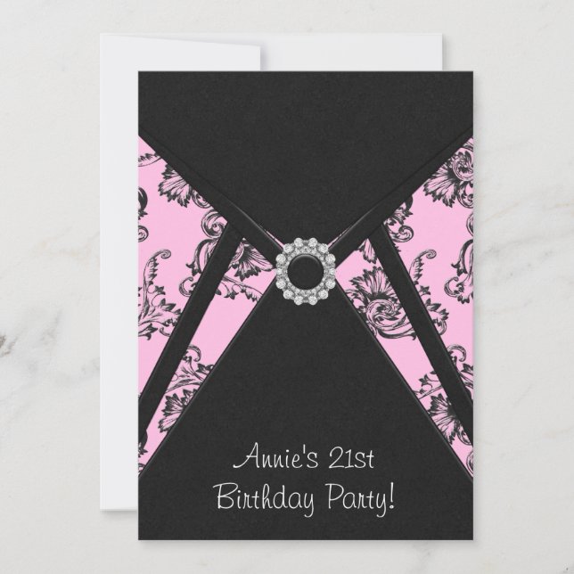 Convite de Aniversário de 21 Anos Pink Damask Blac (Frente)
