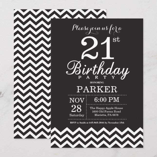 Convite de Aniversário de 21 anos Preto e Branco C (Frente/Verso)