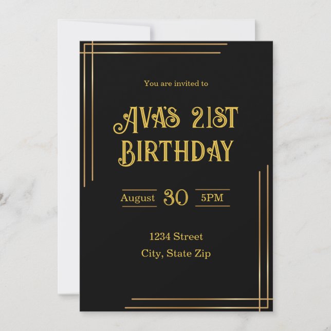 Convite de Aniversário de 21 Anos – Preto e Dourad (Frente)