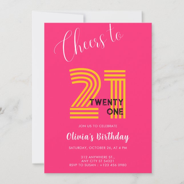 Convite de Aniversário de 21 anos Rosa Minimalista (Frente)