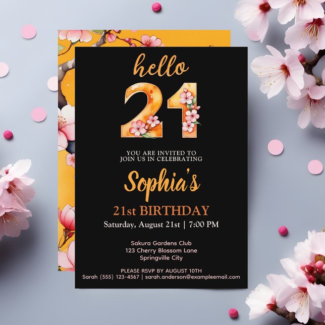 Convite de Aniversário de 21 Anos Stylish Sakura (Hello 21 Chic Sakura Themed 21st Birthday Party Invitation - Elegance Meets Blossoming Beauty 🌸🎉)