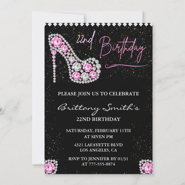 convite de aniversário de 22 anos Diamond Glam Ros (Frente)