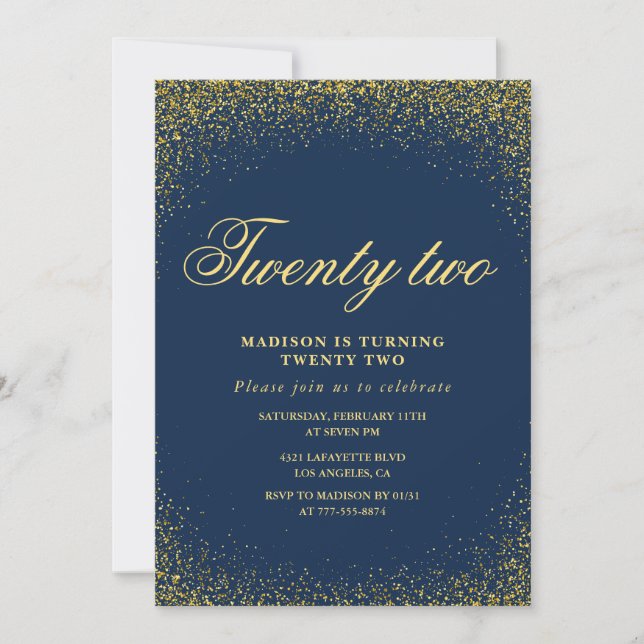 Convite de aniversário de 22 anos elegante Navy Do (Frente)