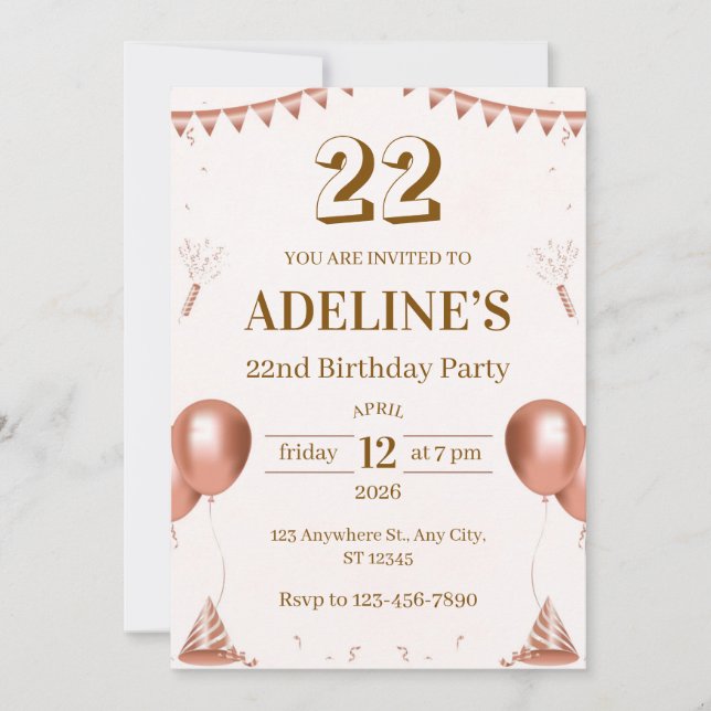 Convite de Aniversário de 22 Anos Ilustrado em Ros (Frente)