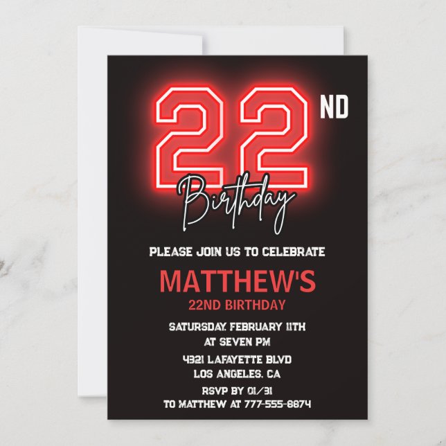 convite de aniversário de 22 anos Neon Preto para  (Frente)