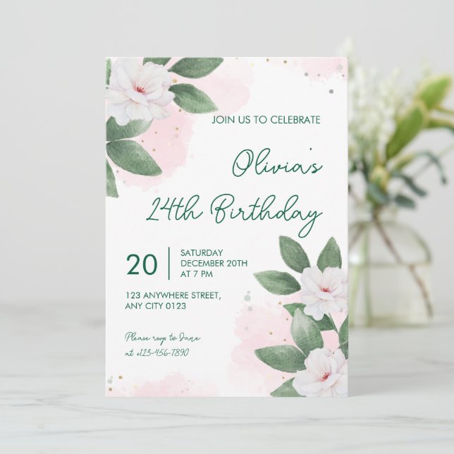 Convite de Aniversário de 24 Anos Floral Branco El (Em pé/Frente)