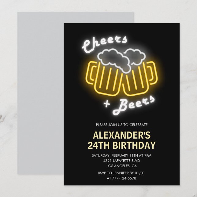 Convite de aniversário de 24 anos Neon Brindes e C (Frente/Verso)