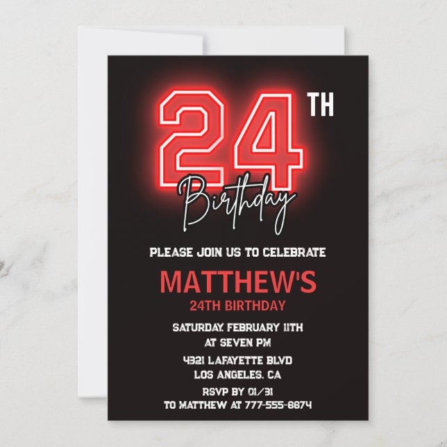 Convite de aniversário de 24 anos Neon Preto para  (Frente)