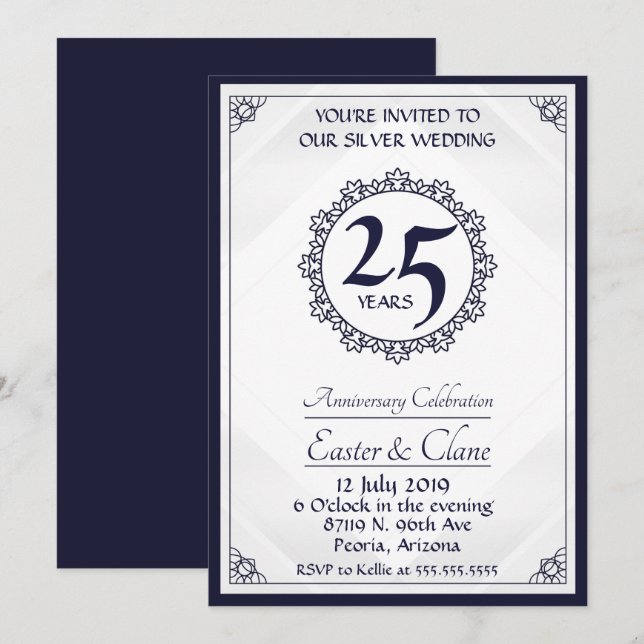 Convite de Aniversário de 25 Anos Azul Real (Frente/Verso)