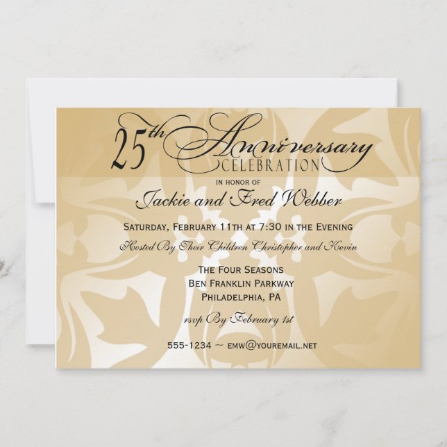 Convite de Aniversário de 25 Anos com Damask Elega (Frente)
