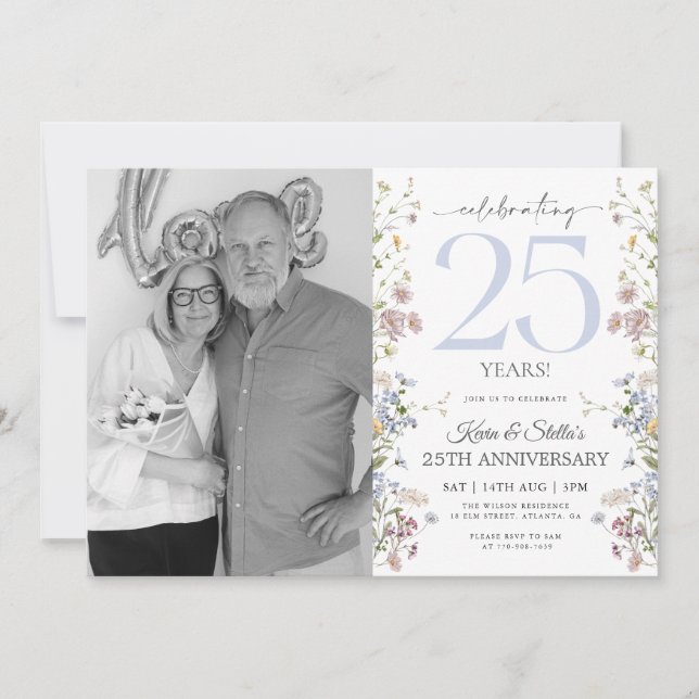 Convite de Aniversário de 25 Anos com Foto de Flor (Frente)