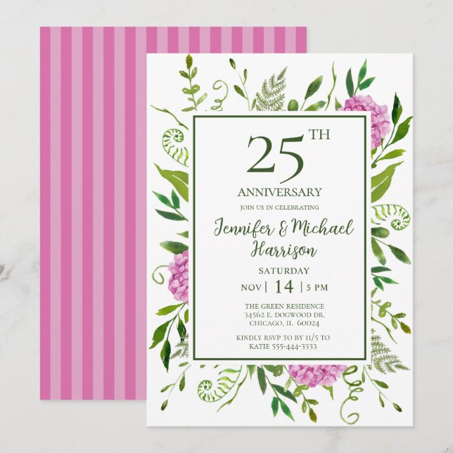 Convite de Aniversário de 25 anos com Hortênsias R (Frente/Verso)