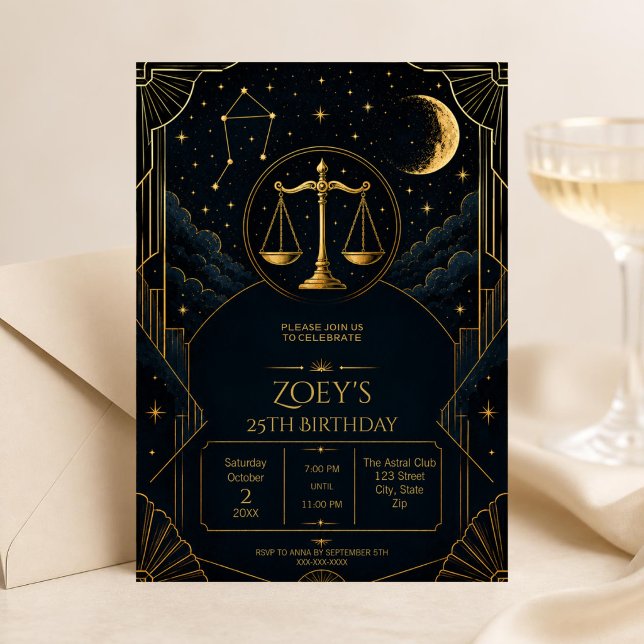 Convite de Aniversário de 25 anos da Libra Elegant (Elegant Libra 25th birthday invitation with black gold celestial stars and Art Deco details.)