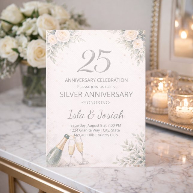 Convite de Aniversário de 25 Anos Floral Prata (Silver floral 25th anniversary dinner celebration with soft ivory roses and champagne accents)