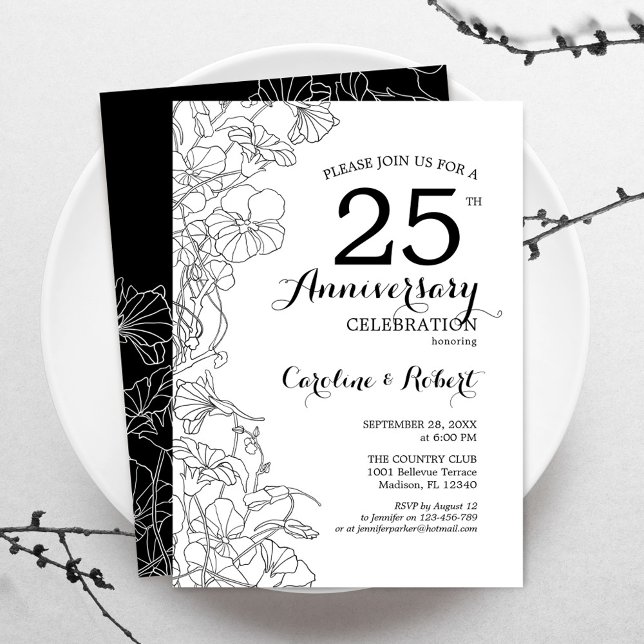 Convite de Aniversário de 25 Anos - Floral Preto e (Criador carregado)