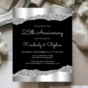 Convite de Aniversário de 25 Anos Glam Silver Blac