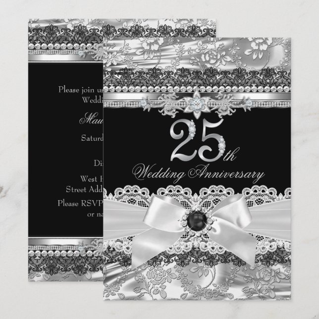 Convite de Aniversário de 25 anos Lace & Silver Pe (Frente/Verso)