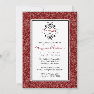 Convite de Aniversário de 25 Anos Vermelho Damask