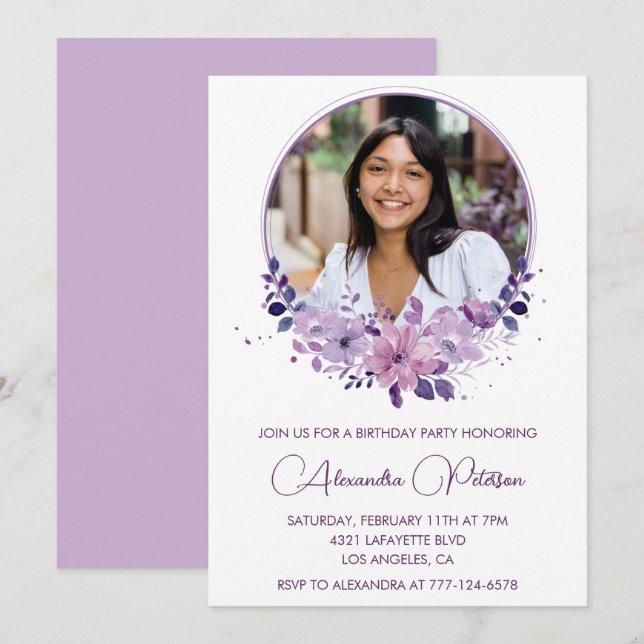 Convite de aniversário de 26 anos Floral Roxo (Frente/Verso)