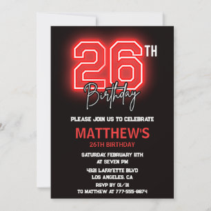 Convite de aniversário de 26 anos Neon Preto para 