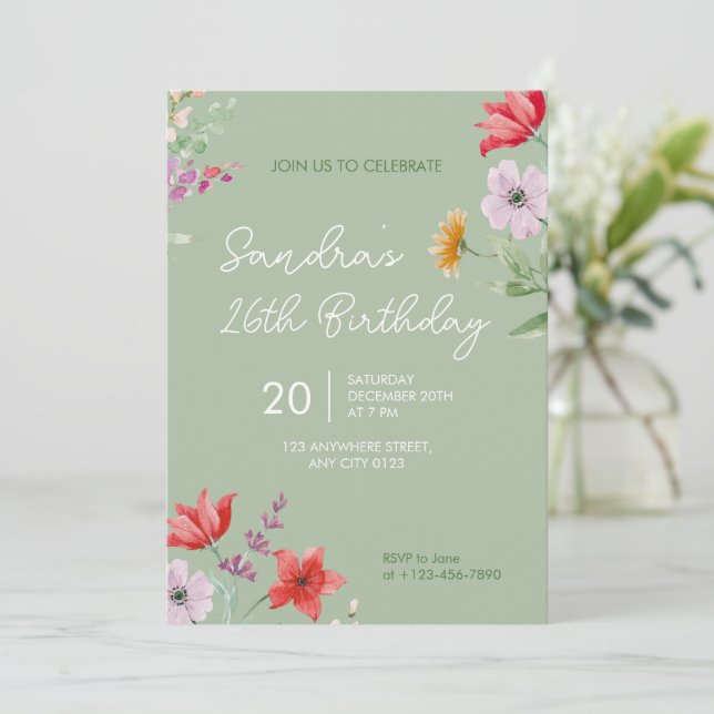 Convite de Aniversário de 26 anos Sage Simples flo (Em pé/Frente)