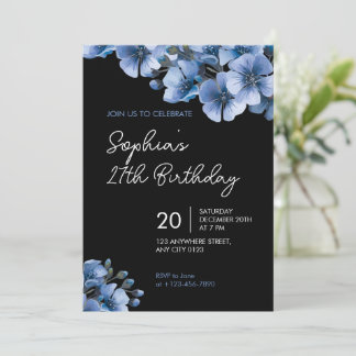 Convite de Aniversário de 27 Anos com Floral Azul