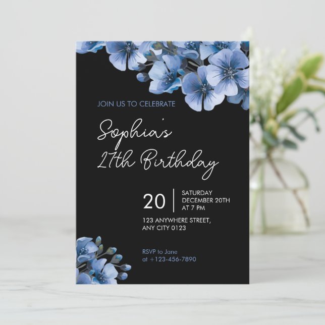 Convite de Aniversário de 27 Anos com Floral Azul  (Em pé/Frente)