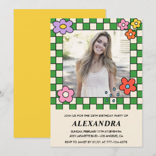 Convite de aniversário de 28 anos Retro Floral Gro