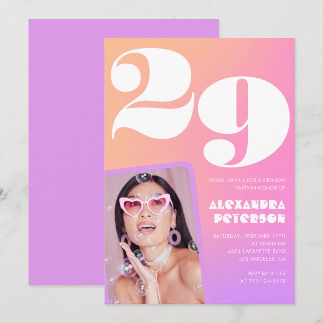 Convite de aniversário de 29 anos com gradiente ro (Frente/Verso)