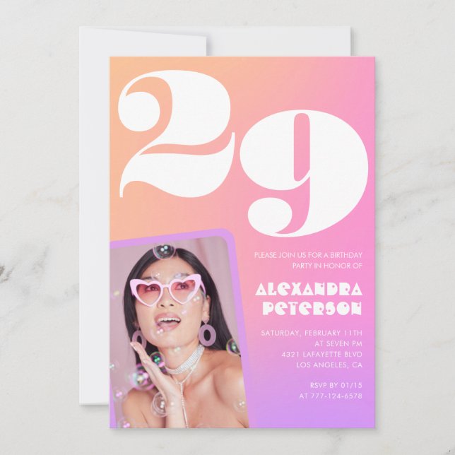 Convite de aniversário de 29 anos com gradiente ro (Frente)