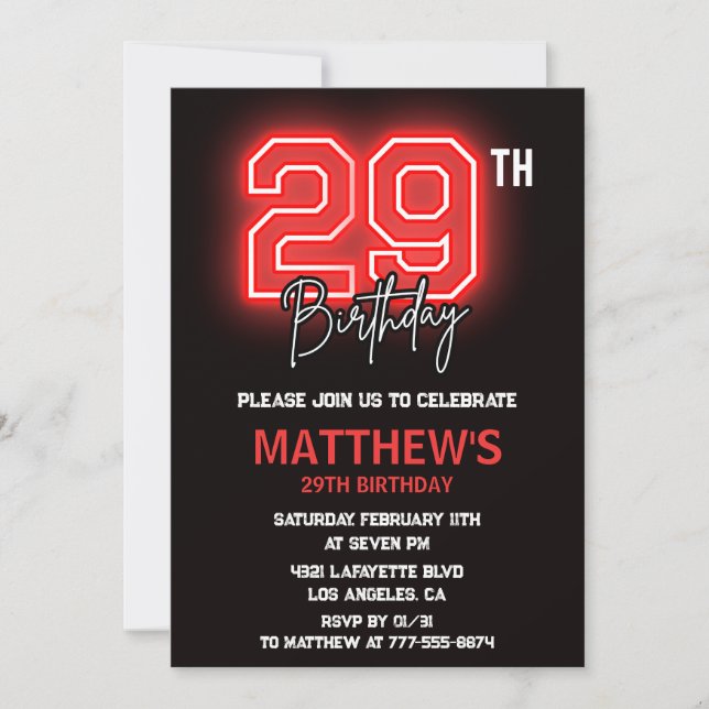 Convite de aniversário de 29 anos Neon Preto para  (Frente)