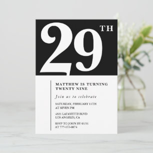 Convite de aniversário de 29 anos preto Elegante C