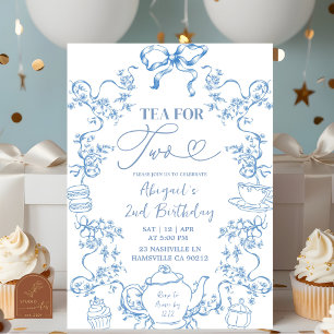 Convite de Aniversário de 2 anos Blue Toile Tea fo