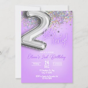 Convite de Aniversário de 2 anos com Brilho Roxo