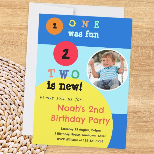 Convite de Aniversário de 2 Anos com Foto Personal (A colorful invitation to a 2nd birthday party. Personalize with a photo and details of the event)