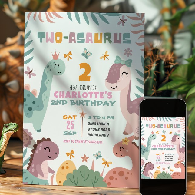 Convite de Aniversário de 2 anos da Menina Dinossa (Criador carregado)