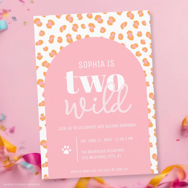 Convite de Aniversário de 2 anos da Menina Selvage (The front and back of the invitation are shown at 5x7-inch size. Choose size, paper, + corner style.)