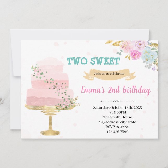 Convite de aniversário de 2 anos de bolo (Frente)