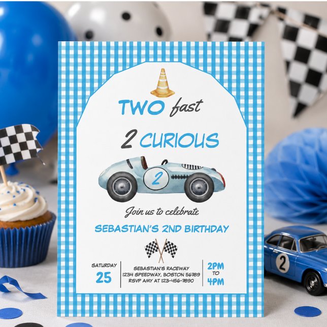 Convite de Aniversário de 2 Anos do Carro de Corri (Two Fast Blue Race Car 2nd Birthday Invitation)