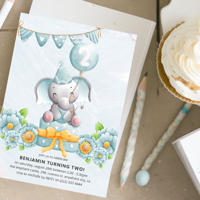 Convite de Aniversário de 2 anos do Menino Elefant (Criador carregado)