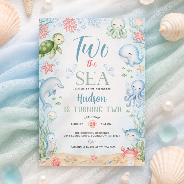 Convite de Aniversário de 2 Anos Dois para o Mar (Two the Sea Boy 2nd Birthday Invitation)